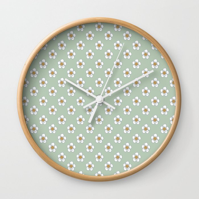 White Flowers on a Sage Background Wall Clock