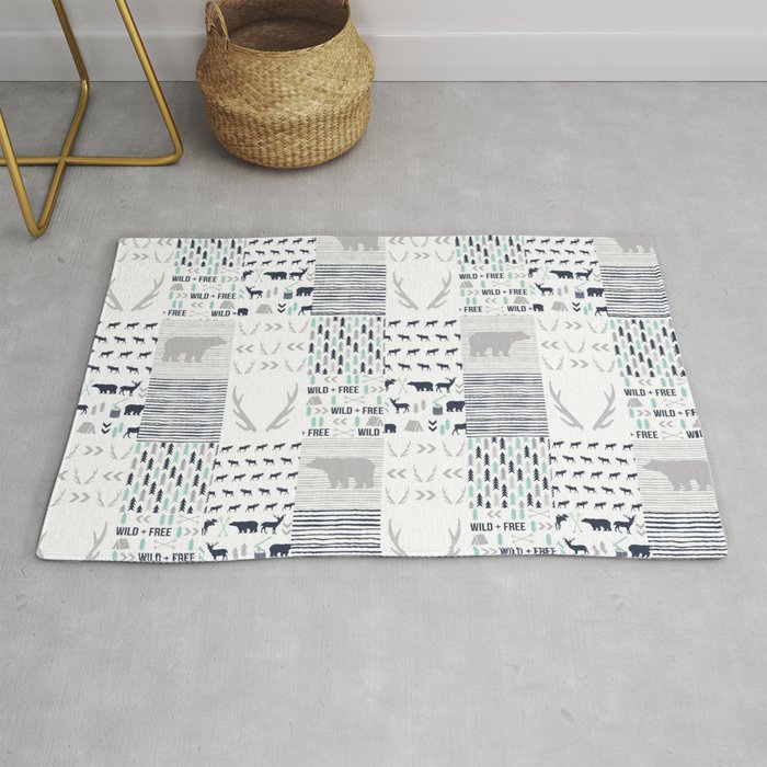 Camper Antlers Bears Pattern Minimal Nursery Basic Navy Mint Grey White Camping Cabin Chalet Decor Rug By Charlottewinter