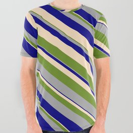 [ Thumbnail: Green, Dark Grey, Blue, and Bisque Colored Stripes/Lines Pattern All Over Graphic Tee ]