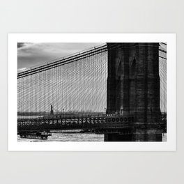 Brooklyn Bridge and Statue of Liberty in New York City black and white Art Print