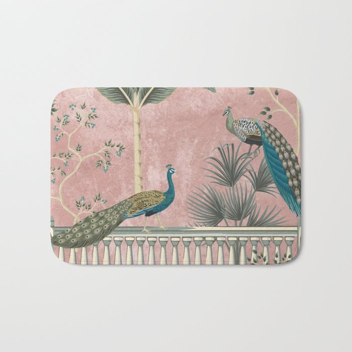 Chinoiserie Blush Pink Peacock Palm Fresco Garden  Bath Mat