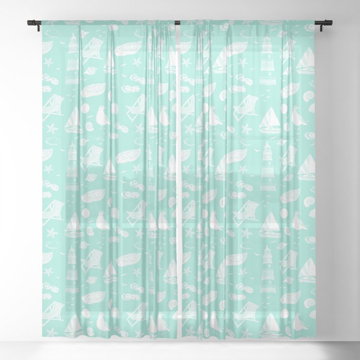 Mint Blue And White Summer Beach Elements Pattern Sheer Curtain