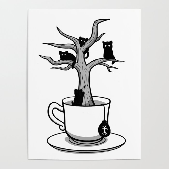 Bare tree with cats growing inside a cup of tea Poster