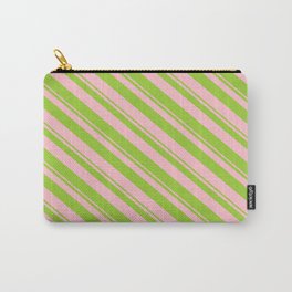 [ Thumbnail: Green & Pink Colored Stripes Pattern Carry-All Pouch ]