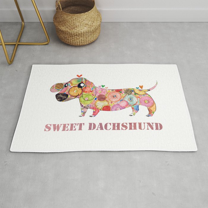 Sweet Dachshund, Watercolor Donut Pattern Illustration Rug