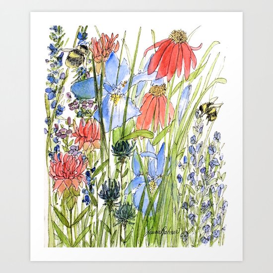 Botanical Garden Wildflowers And Bees Art Print By Between