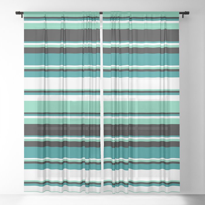 Teal, White, Aquamarine & Black Colored Lined Pattern Sheer Curtain