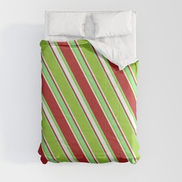 [ Thumbnail: Red, Light Green, Green & Mint Cream Colored Lines Pattern Comforter ]