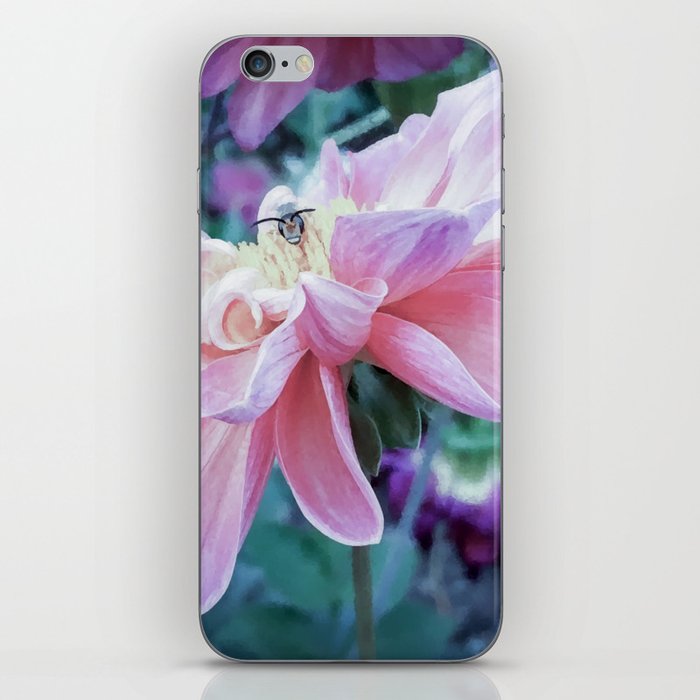 Pastel pink dhalia with bee vintage flower photography  iPhone Skin