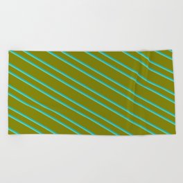 [ Thumbnail: Green, Light Sea Green, and Aquamarine Colored Striped Pattern Beach Towel ]