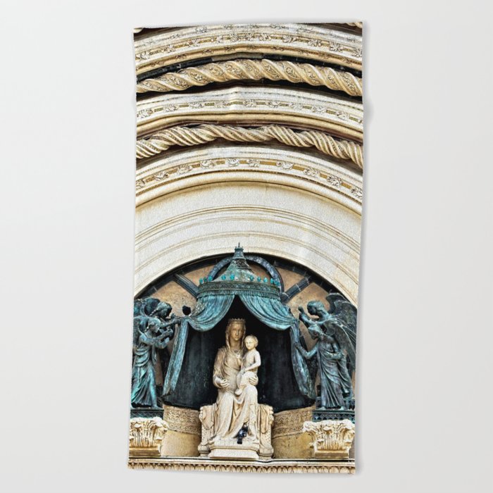 Orvieto Cathedral Madonna and Child Angels Facade Sculpture Beach Towel