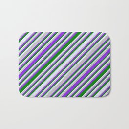 [ Thumbnail: Grey, Purple, Green & Lavender Colored Lines/Stripes Pattern Bath Mat ]