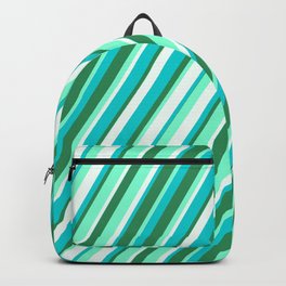 [ Thumbnail: Dark Turquoise, Sea Green, Aquamarine, and Mint Cream Colored Striped/Lined Pattern Backpack ]