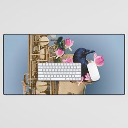 Raven sitting in Saxophone - Music Design #society6 Desk Mat