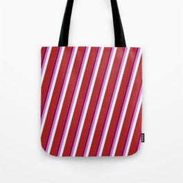 [ Thumbnail: Eyecatching Purple, Maroon, Orchid, Light Cyan, and Red Colored Lined/Striped Pattern Tote Bag ]