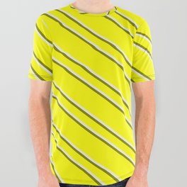 [ Thumbnail: Yellow, Beige & Green Colored Pattern of Stripes All Over Graphic Tee ]