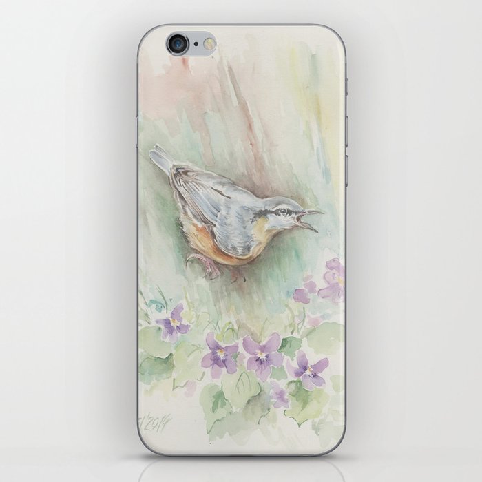 Nuthatch Wildlife watercolour painting Forest bird with flowers Nature painting Vegan Decor iPhone Skin