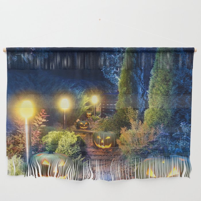 Dark Blue Garden Patio with Jack-o-Lanterns Wall Hanging