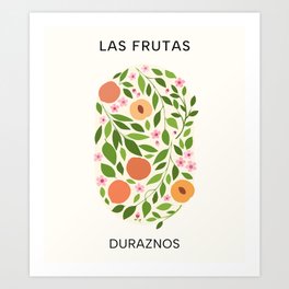 Las Frutas: Duraznos - Fruit and flower market poster with peaches, blossoms, and leaves Art Print