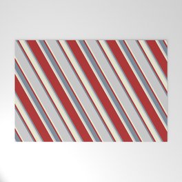 [ Thumbnail: Red, Light Slate Gray, Light Grey & Beige Colored Pattern of Stripes Welcome Mat ]