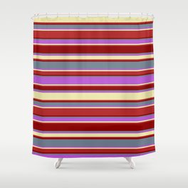 [ Thumbnail: Eyecatching Slate Gray, Orchid, Pale Goldenrod, Red, and Dark Red Colored Lines/Stripes Pattern Shower Curtain ]