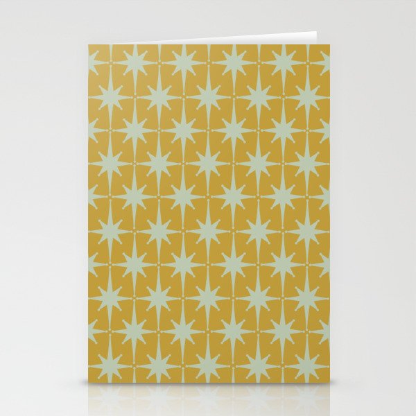 Midcentury Modern Atomic Starburst Pattern in Muted Mustard and Celadon Stationery Cards