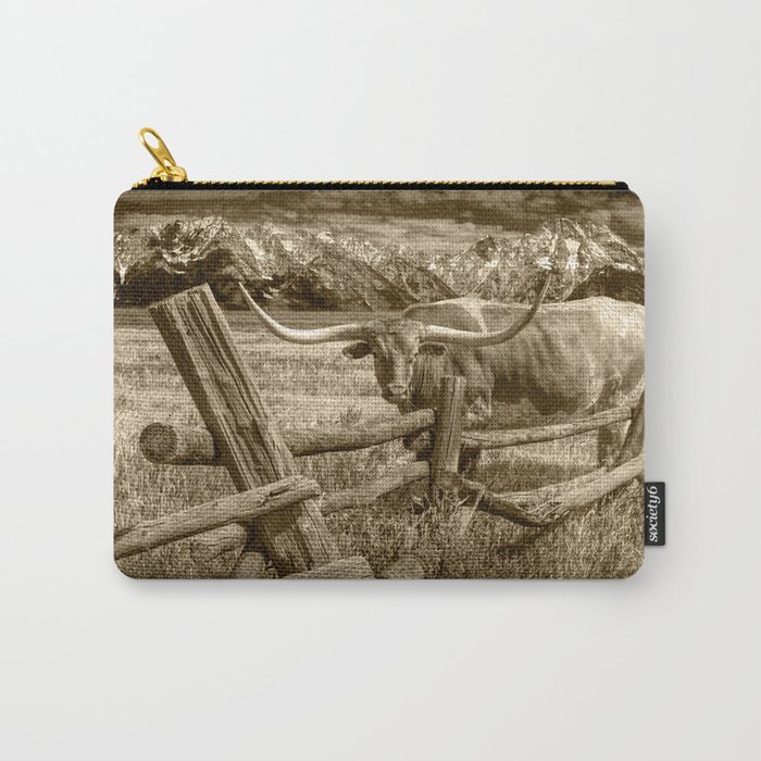 Texas Longhorn Steer by an Old Wooden Fence in Sepia Tone Carry-All Pouch