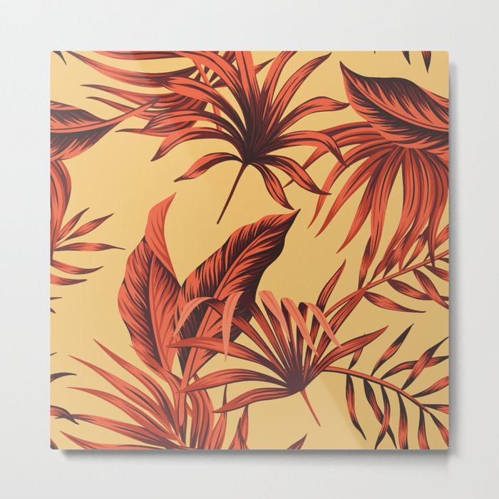 Tropical vintage red palm leaves on honey yellow background Metal Print