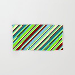 [ Thumbnail: Light Sky Blue, Green, Light Yellow, Dark Red, and Teal Colored Lined/Striped Pattern Hand & Bath Towel ]