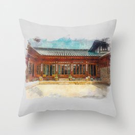 Korea Bukchon Hanok Folk Village House Watercolor Throw Pillow