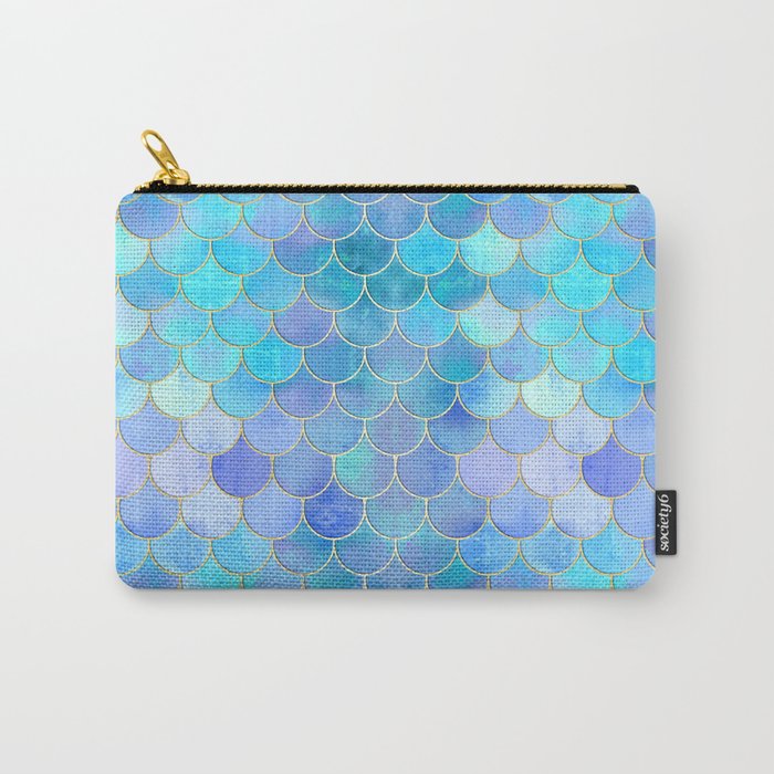 Aqua Pearlescent & Gold Mermaid Scale Pattern Carry-All Pouch