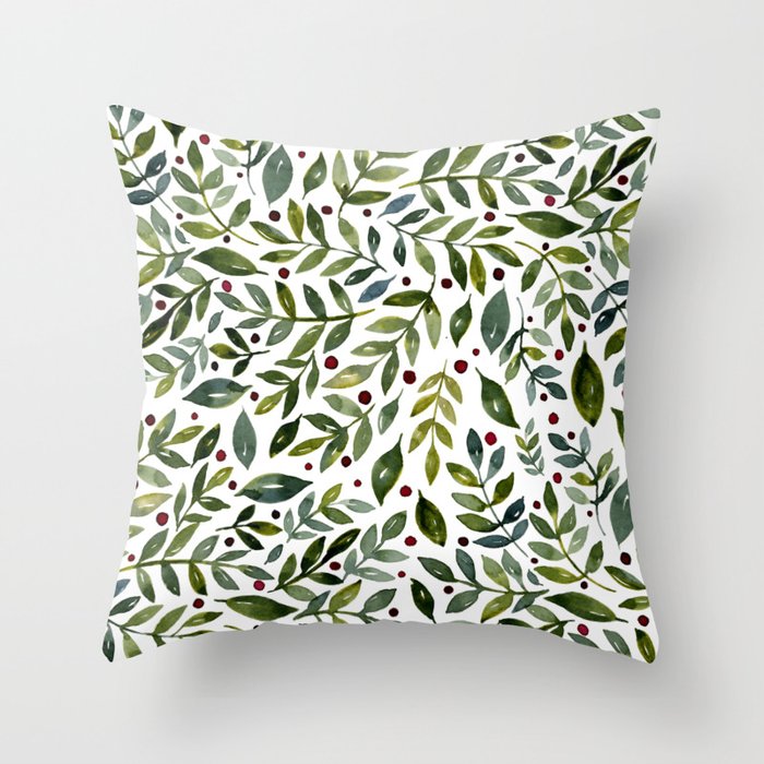 Seasonal branches and berries - sap green and burgundy Throw Pillow