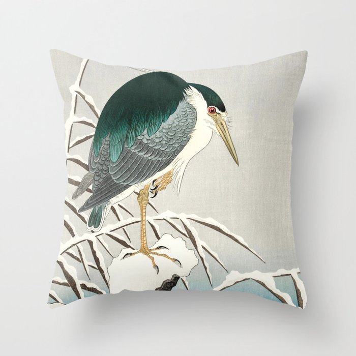 Heron in snow - Japanese vintage woodblock print art Throw Pillow