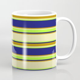 [ Thumbnail: Pale Goldenrod, Light Green, Midnight Blue & Dark Goldenrod Colored Lined/Striped Pattern Coffee Mug ]