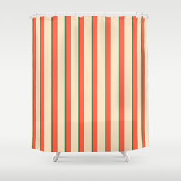 [ Thumbnail: Bisque, Sea Green & Red Colored Lined/Striped Pattern Shower Curtain ]