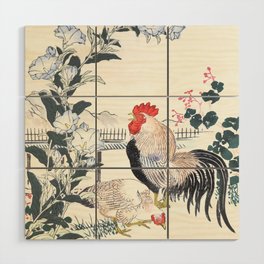 Kono Bairei - Rooster And Hen Near Bellflower - Vintage Japanese Woodblock Print Art  Wood Wall Art