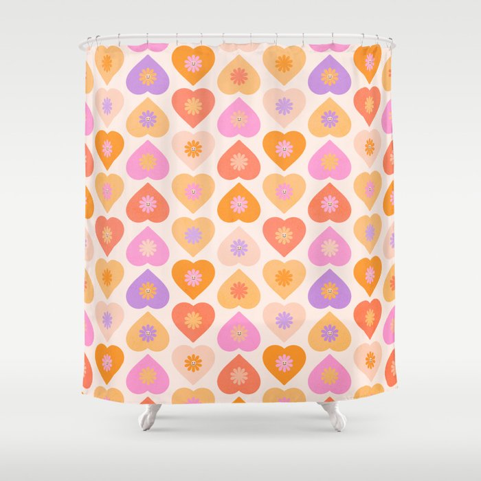 'You & Me' Retro Heart and daisy pattern Shower Curtain