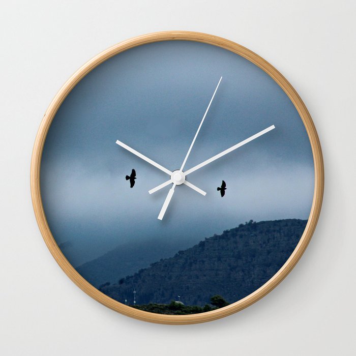 Ravens Birds Flying Clouds Mountains Landscape Wall Clock