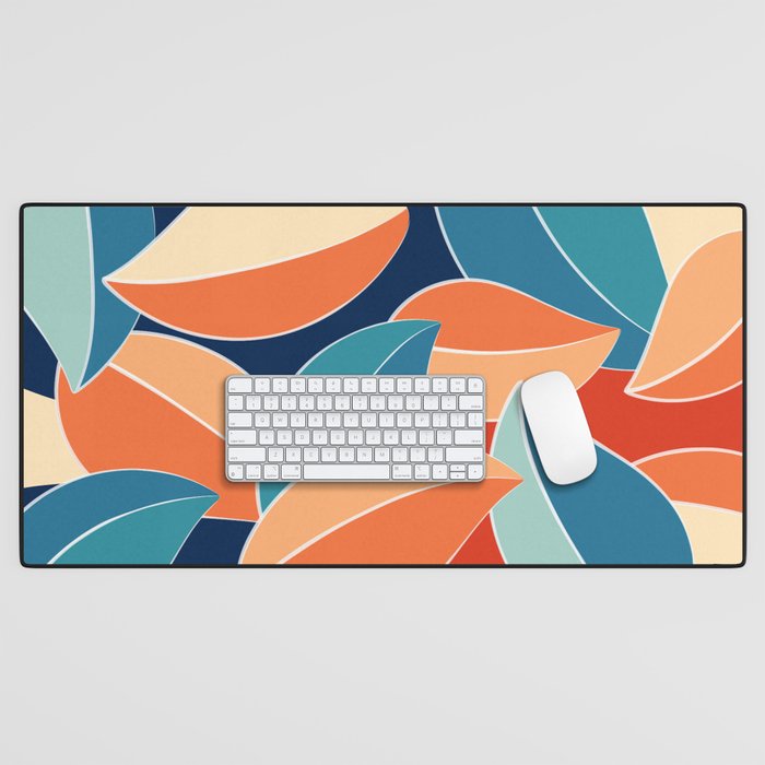 Soft Colorful Leaves Foliage Abstract Nature Art Drawing In Retro 70s & 80s Color Palette Desk Mat