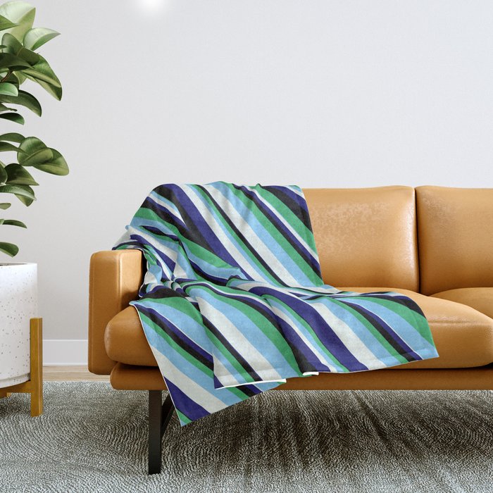 Eye-catching Sea Green, Light Sky Blue, Mint Cream, Midnight Blue, and Black Colored Lined Pattern Throw Blanket