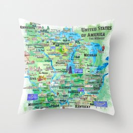 USA Midwest States Travel Map MN WI MI IA KY IL IN OH MO With_Highlights Throw Pillow