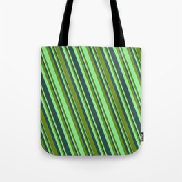 [ Thumbnail: Dark Slate Gray, Green & Light Green Colored Lined/Striped Pattern Tote Bag ]