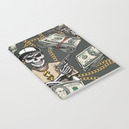 Colorful vintage money seamless pattern with gold chains knuckles dollar banknotes skeleton gangster wearing dollar sign pendant and holding guns vintage illustration Notebook
