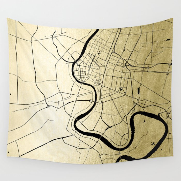 Bangkok Thailand Minimal Street Map - Gold Metallic and Black Wall 
