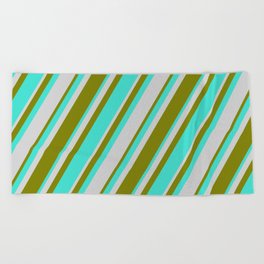 [ Thumbnail: Turquoise, Light Grey & Green Colored Lines/Stripes Pattern Beach Towel ]