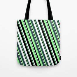 [ Thumbnail: Dark Slate Gray, Green, Black & Mint Cream Colored Stripes/Lines Pattern Tote Bag ]