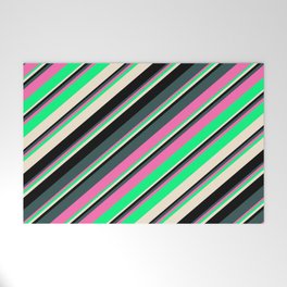 [ Thumbnail: Eyecatching Dark Slate Gray, Hot Pink, Green, Beige, and Black Colored Lines Pattern Welcome Mat ]