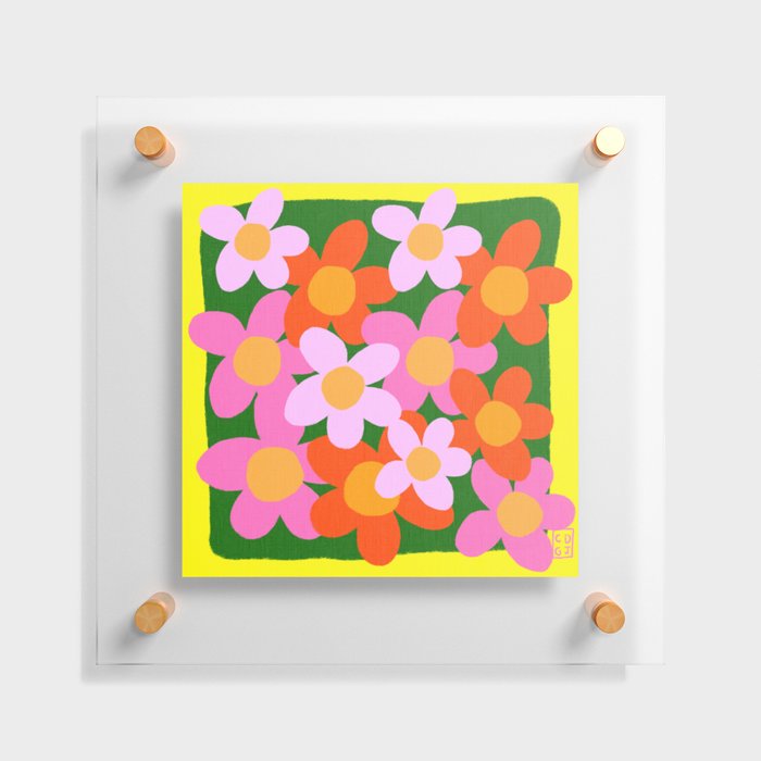 Cheerful Spring Flowers 70’s Retro Green on Yellow Floating Acrylic Print