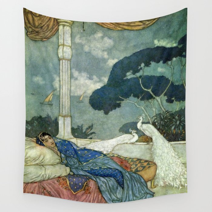 Princess Lady Yang at Midnight with white Peacocks portrait painting by Edmund Dulac Wall Tapestry