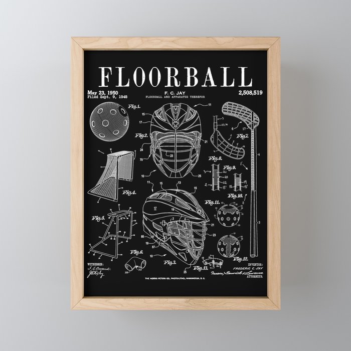 Floorball Player Stick Goalie Sport Vintage Patent Print Framed Mini Art Print